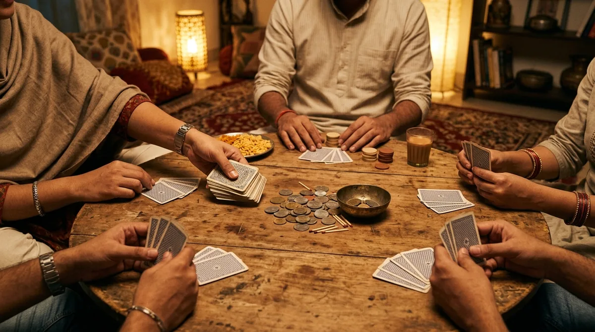 दोस्त एक टेबल के इर्द-गिर्द असली ताश की गड्डी और चिप्स के ढेर के साथ टीन पट्टी ऑफलाइन खेलते हुए, कोई फोन या इंटरनेट नहीं।